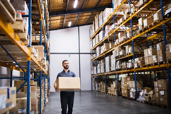Pick and Pack A man carrying a large box down an warehouse aisle.